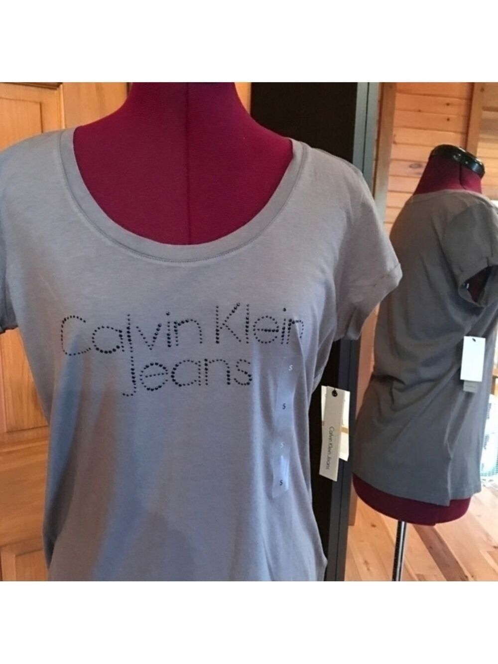 Calvin Klein Logo Tee Shirt Small New With Tags Gray in Color Beaded Script NWT